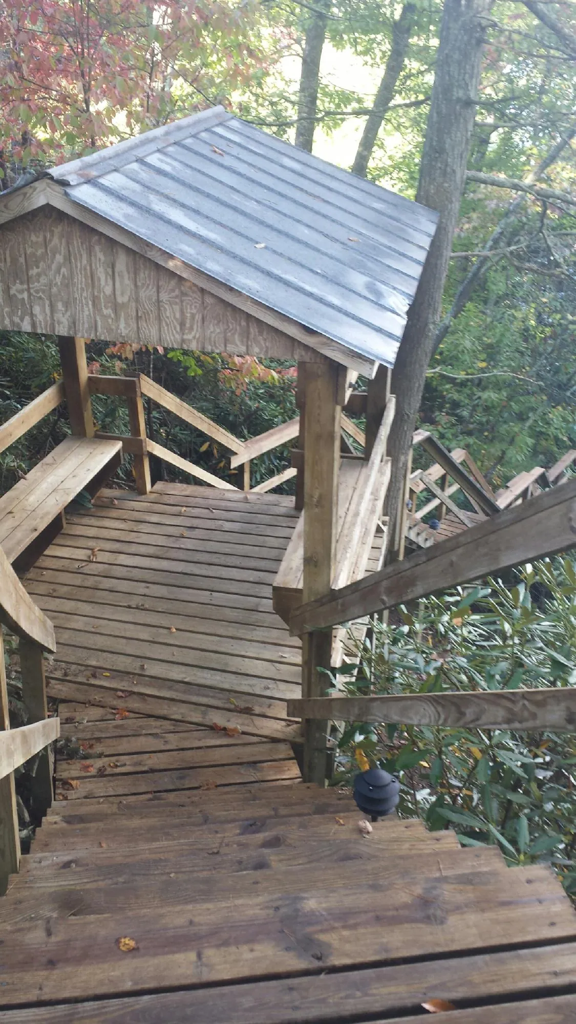 Metal roofed shelter over wooden steps on a wooded walkway — Skylight Repair & Installation work by our crew in Angelus Oaks